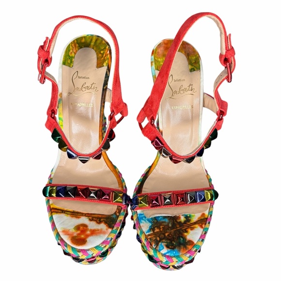 Christian Louboutin Red Multicolor Platform Espadrille Wedges Size 38 - Picture 2 of 9
